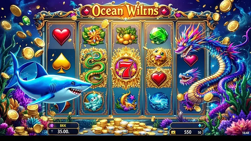 Ilustrasi layar permainan tembak ikan bernuansa arcade