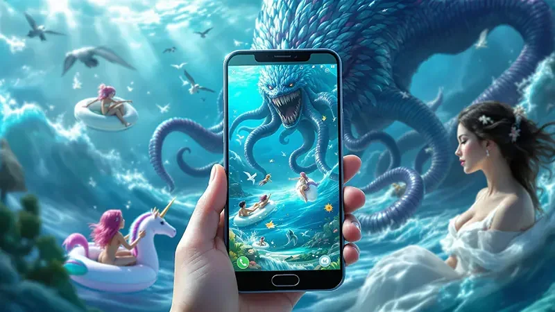 Adegan arcade tembak ikan dengan target laut di layar