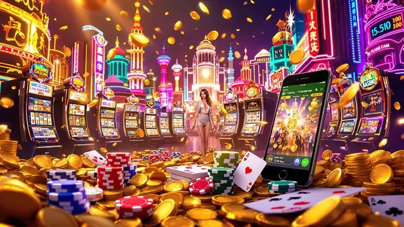 Reel slot digital dengan simbol permainan dan latar cerah